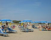 Strand mit Sonnenschirmen und Liegestühle